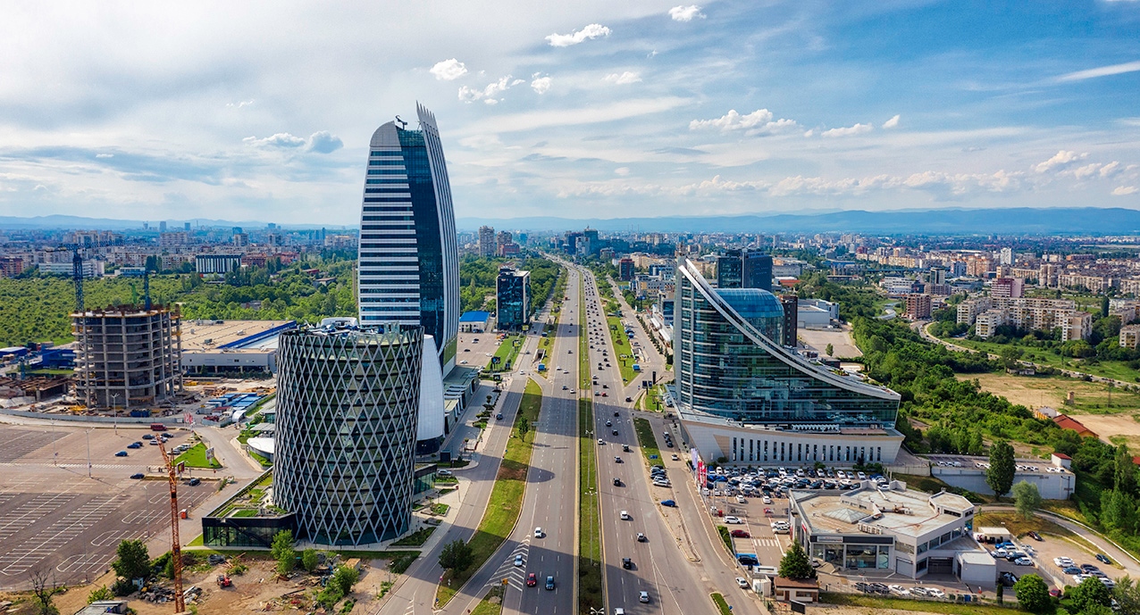 Aerial view of a modern business district skyline